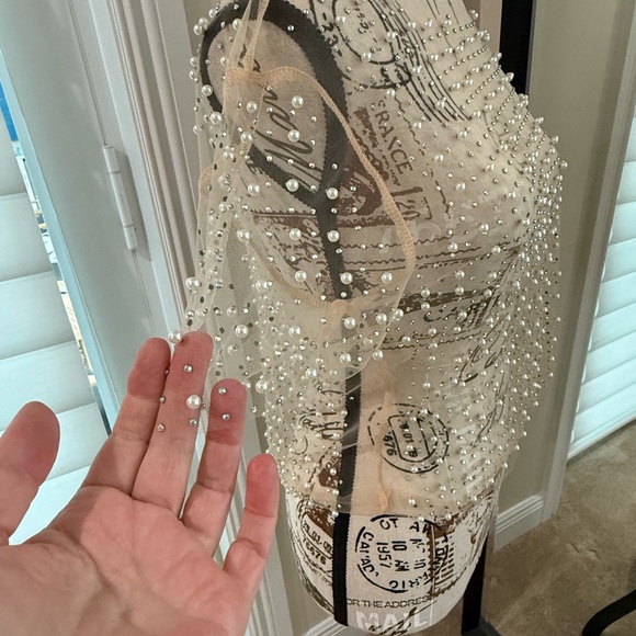 Elegant Sheer Pearl Embellished Cream Top - Picture 10 of 11